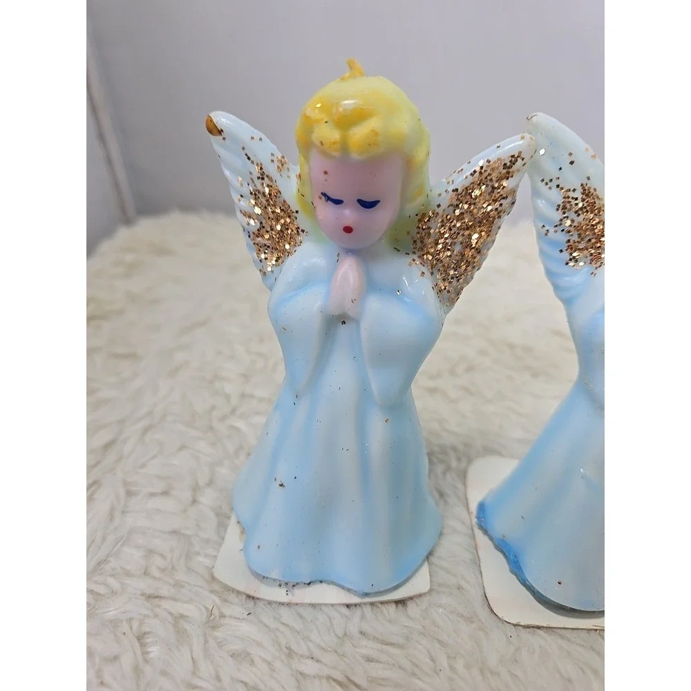 Vintage Pair of 2 Praying Angels Glitter Christmas Holiday Candle‎ 5